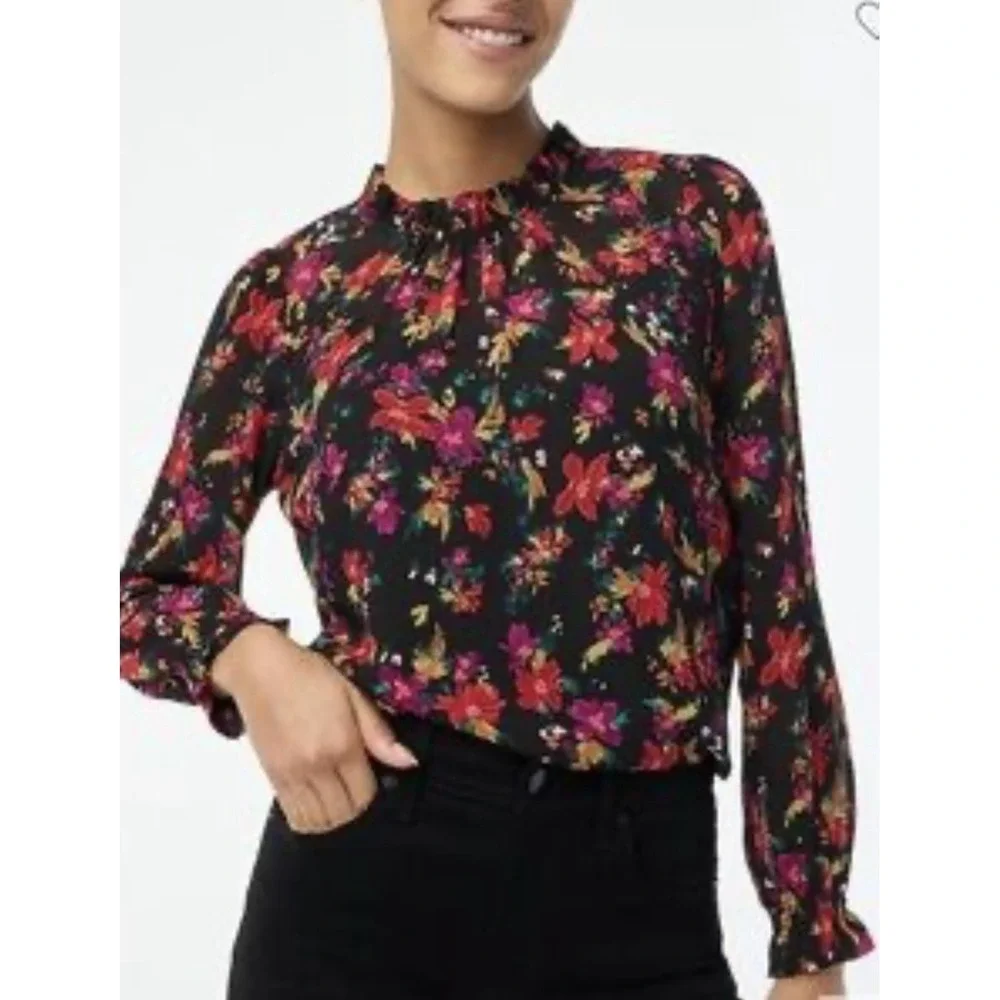 J Crew Floral Ruffle Neck Top Blouse Size 3X Black Multicolor Long‎ Sleeve NWT
